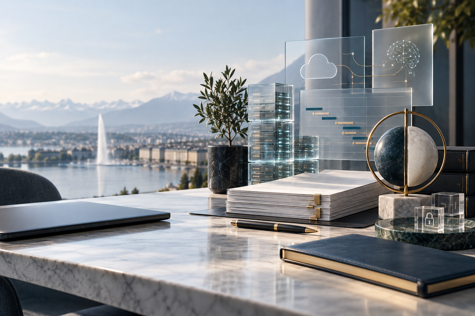 Abstract legal-tech network illustrating AI and SaaS contract risk management in Switzerland