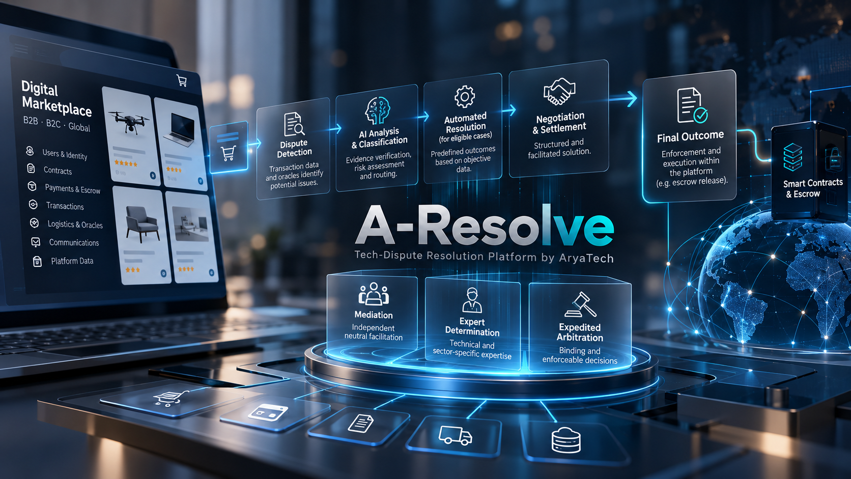 Embedded ODR architecture connecting digital marketplaces with independent mediation, expert determination and arbitration through A-Resolve